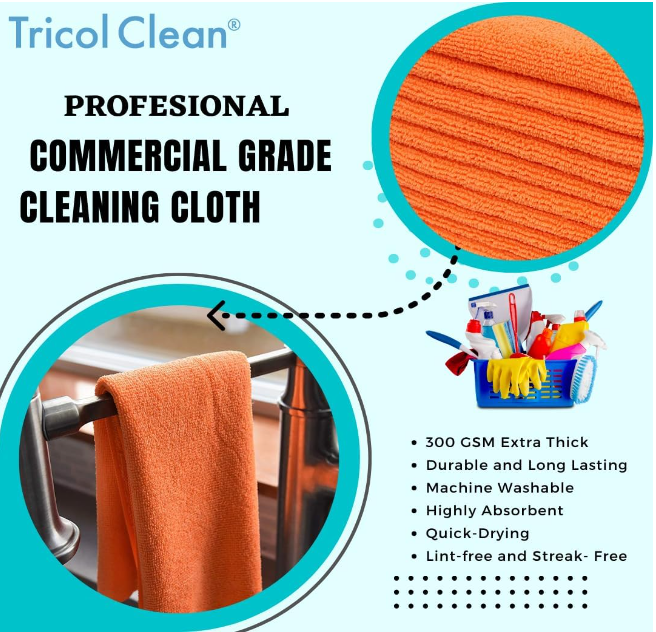 Tricol Clean Professional Commercial Grade Microfiber Cleaning Cloth 300GSM,Orange