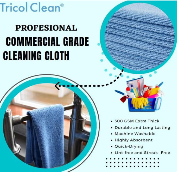 Tricol Clean Professional Commercial Grade Microfiber Cleaning Cloth 300GSM, Blue