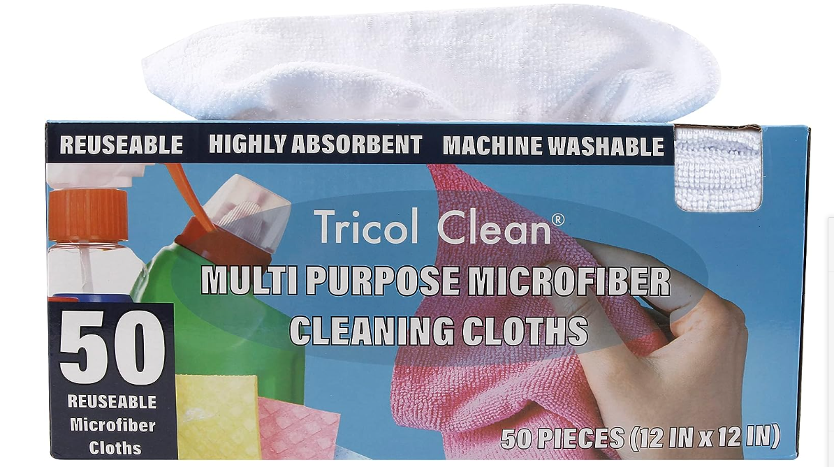 Tricol Clean Profesional Resuable Lint Free Microfiber Edgeless Cleaning Cloth Rag 50PK in Dispenser Box for Housekeeping, Car Cleaning (12 * 12 Inches)